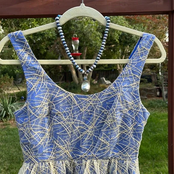 🌺 MINUET; Brand New w/Tags! Unique Blue w/Gold Overlay Party Dress; Misses XS/S - Picture 5 of 13